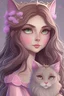 Placeholder: Beautiful and fairy queen from solaria light brown hair and grey ocean eyes wearing pink holding her grey cat studio ghibli animation style