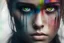 Placeholder: Photoreal gorgeous shot of beautiful young girl with one gold and one green eye, warrior, strong, sad, resilient, vivid vertical rainbow on left side forehead, long black tears below both eyes, forgotten realms fantasy style by lee jeffries, otherworldly creature, in the style of fantasy movies, shot on Hasselblad h6d-400c, zeiss prime lens, bokeh like f/0.8, tilt-shift lens, 8k, high detail, smooth render, unreal engine 5, cinema 4d, HDR, dust effect, vivid color