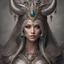 Placeholder: (((magnificent woman, horns, regal presence, ornate headdress, striking, powerful, authority, fair skin, shimmering silver armor, elegant, flowing hair, lustrous silver, strength, beauty, intricate designs, resolute, symbol of power, grace, demand reverence, piercing eyes, mystery, ancient knowledge, ready to lead, guide through realms), fantasy), detailed, dramatic lighting, (portrait, close-up), HD, UHD, (dark, mysterious, (exquisite, high-quality)), unreal engine), Annie Stegg