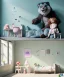 Placeholder: Realistic child room scene. sweet big furry monster sitting. girl from behind. Steven Spielberg style. Red hair, smile, happy, gradient color fog. highly detailed, concept art, unreal engine 5, ray tracing, RTX, lumen lighting, ultra detail, volumetric lighting, 3d, finely drawn, high definition, high resolution.