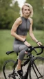 Placeholder: photography of a beautiful anorexic woman, grey satin triathlon top, sports illustrated, blond short wavy bob haircut, pronounced sternum, flat chest, anthracite cycling leggins