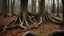 Placeholder: Two bare trees with exposed roots on a forest floor, surrounded by fallen leaves