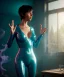 Placeholder: Ultra Realistic image, photo studio, medium shot view, a woman making the fuck off gesture with his hand, blue smoke coming out of his nose and mouth, happy. Latex inflatable coat, soft color, highly detailed, unreal engine 5, ray tracing, RTX, lumen lighting, ultra detail, volumetric lighting, finely drawn, high definition, high resolution.