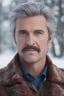 Placeholder: thinning white hair, mustache, Blue eyes, close-up facial portrait - a Bright, well-lit UHD, 1080p 32k, photograph - winter time, hunting season, part Jesus Christ, part Elvis Presley with a mustache and short crew-cut hair, part Lee Majors, Part red and black checkered wool coat, blue jeans, cowboy boots, plaid shirt, sunbursts, crosses, 3D lighting, diamonds, hearts, Butterflies, Clovers, Roses, extremely colorful,