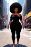 Placeholder: Create a oil painting cartoon image of a curvy black female walking thru the city streets wearing a black off the shoulder jumpsuit. Prominent make up with brown eyes. Highly detailed tight curly black shiny afro