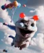 Placeholder: Ultra realistic speed clouds sky scene, wide angle view, strong men falling down with many Childs, circus clothing style, feather color clothing, free jumping flying, many trinkets, hair monster, many jelly beans, balls, color smoke, smile, happy, extreme, wind, clouds sea, 20,000 feet altitude, stratosphere, soft color, highly detailed, unreal engine 5, ray tracing, RTX, lumen lighting, ultra detail, volumetric lighting, 3d, finely drawn, high definition, high resolution.