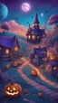 Placeholder: A beautiful village with Halloween decorations and cosmic sky with blue and purple colors