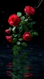 Placeholder: The image is a digital artwork that depicts a branch of tree of Red roses and leaves tangling in to a water in the river with aThe rose floats on the surface of the water, creating a wave-like effect. The background is black, which makes a branch of a tree of red roses stand out even more. Water droplets are scattered adding to the dreamy, ethereal quality of the image.