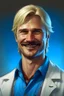 Placeholder: Mid-thirties, Caucasian male doctor, kind smile, blonde hair (slightly disheveled) thick blonde mustache, pale blue eyes, broad shoulders, muscular, six foot, Hawaiian shirt under white lab coat (with blood stains around the edges) , Strong Jaw line, encroaching shadowy tendrils, photo realistic, fantasy