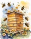 Placeholder: bees flutter over the hive watercolor drawing