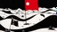 Placeholder: An abstract illustration by Malevich and Kuniyoshi of a black and white desert landscape with a minimalist red pirate flag.