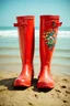 Placeholder: Embroidered red Plastic rain boots in 1890,, on the beach, old dirty autochrome