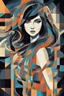 Placeholder: Neo Surrealism, whimsical art, Analytical Cubism Illustration Design a perfect pretty girl, black long hair, Split-Complementary color guide, Plasma Energy Texture, abstract background, girl, Pose with movement, often for geometric deconstruction, monochromatic palette, or fragmented forms.