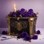 Placeholder: A black and gold decorated chest half opened and filled with purple blue roses in front of it a burning candle in delicate purple all on a light background