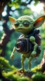 Placeholder: melon alien gremlin with rocket backpack awesome space camera in giant treetop ,bokeh like f/0.8, tilt-shift lens 8k, high detail, smooth render, down-light, unreal engine, prize winning