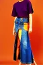 Placeholder: year 1996 denim fashion. Loose skirt, low waist. Combat t-shirt. Colors: denim blue, blue, purple, cream, khaki, light green, lilac, plum, orange, terracotta, red, light yellow, pink, dark blue, beige. Latex in small part. Something between Sturnus vulgaris pattern and lynx lynx prints.. bridget jones and jennifer lopez. Hoodie.