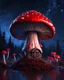 Placeholder: A solitary floating mushroom house on a clear night. silver and blue and red, Dark cosmic interstellar. Detailed Matte Painting, deep color, fantastical, intricate detail, splash screen, hyperdetailed, insane depth, concept art, 8k resolution, trending on Artstation, Unreal Engine 5, color depth, backlit, splash art, dramatic, High Quality Whimsical Fun Imaginative Bubbly, perfect composition