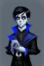 Placeholder: black haired blue eyed young man necromancer wizard with gothic jewelry in the style of charles addams