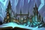 Placeholder: Hogwarts Fantasy Cartoon scholarly magic tower with wooden rafters, blue glowing crystals and dark stone covering it the the winter mountains,