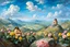 Placeholder: a handsome, fat man with a well-groomed, bearded face and long, curly hair. He is sitting naked on a rock, surrounded by a picturesque valley adorned with pink and yellow rose flowers. The spring sky above is adorned with breathtakingly beautiful clouds. like oil paintings 19th century