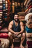 Placeholder: close up photography of a burly chubby muscular strong 26-year-old turkish man in Istanbul bazaar, shirtless, wearing shorts, short beard, selling carpets sitting on a pile of carpets, big shoulders, manly chest, very hairy, side light, view from the ground