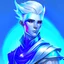 Placeholder: create a male young adult blue air genasi from dungeons and dragons, light blue skin, white short hair with skay blue highlights, sapphire eyes, wind like hair, wearing vestments, , digital art, high resolution, strong lighting