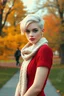 Placeholder: White woman with a stylish model hairstyle in a short knitted red dress, a light colored scarf on her neck, a background of an autumn park in the distance, impasto, airbrushing, style by Greg Rudkovsky, Mikhail Garmash