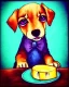 Placeholder: cute puppy eating cheese, art deco, romanticism, watercolor, visual novel, cheerful, furry, sleepy, rembrandt lighting, colorful lighting, blue, teal, aqua, red, purple, yellow, black, detailed, masterpiece