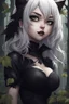 Placeholder: CAT GIRL, goth, forest, nature, cartoon, leaves, half black half white hair, boobs, portrait