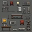 Placeholder: Sprite sheet, furniture, table, chair, television, lamp, toaster, microwave, icons, survival game, gray background, comic book,