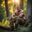 Placeholder: close up photography of an angry ugly 50 years old seated on a tree trunk in the wood, strong beefy muscular , big shoulders, manly chest, bulging hunter camouflage trouser , shirtless, hairy , golden hour, tatoo, 35mm lens, f/1.8, accent lighting, global illumination, frontal view from the ground