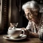 Placeholder: Beautiful Italian grandmother drinking a hot cup of cappuccino with a cat sleeping next to her