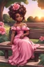 Placeholder: A curvy chibi cartoon black woman sitting on a park bench, facing the sunset. She has brown eyes accentuated by dramatic makeup. Her brown hair is done up in an elaborate curled twist. She sits slightly angled, wearing a flowing pink maxi dress with tropical flowers that seems to flutter in the gentle breeze.
