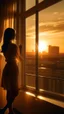 Placeholder: A woman standing watching the sky Outside the window, the sun bathes at sunset the city in golden light, symbolizing the boundless opportunities awaiting those who dare to dream big and chase after their ambitions.