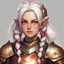 Placeholder: Robin Female (adult) with white hair done up in pigtails and golden eyes a small smile on his face, wearing Champion's Refuge armor which is heavy armor that is gold and bronze with a bit of rust red and a red and bronze spiked helm, in illustrative art style