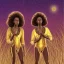 Placeholder: Biologically Female African American Twins, black skin, tall and slender, long afro kinky hair,big brown eyes, long eyelashes warrior wear. Gold accents on clothing. Surround by trees. Holding golden spears. Starry night