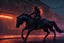 Placeholder: cyberpunk orange cat, riding a black horse, abandoned city in twilight, hyperrealistic, expressively detailed, 3d rendering, dynamic lighting, neon light,