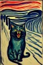 Placeholder: Cat holding paws to head. The scream Edvard Munch. Painting style of Edvard Munch