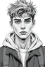 Placeholder: detailed manual graphic art style, youth man portrait, teenager, high detailed face, solitary vibe, modern clothes, short messy hair , atmospheric, detailed linework, highly detailed drawing, modern vibe, artwork, grayscale, no photorealism