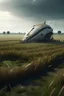 Placeholder: a small spaceship crashed in a rice field in the distance