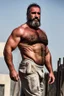 Placeholder: full figure shot photography of a wet sweat beefy and very virile 44-year-old burly turkish construction worker, long beard, in tank top, bulge, works hard very sweaty on a construction site in the sun, underlines the shine of the sweat in the sun's rays and the fatigue of the muscles, manly chest, , big legs, big belly , side view, photorealistic , side light