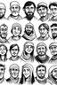 Placeholder: diferent medieval people with diferent expressions, some dramatic, somo happy. the style is minimal black and white stamp. in the sheet there are more than 5. very diverse court memebers and everyday people. man, woman, kids. white background