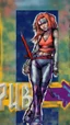 Placeholder: teen woman in retro-futurist cyberpunk costuming with pants and sheathed swords leaning to the side with shoulder against a brick pillar, add a background of brick with graffiti of a large arrow pointing to the right and text of the word "PUB" on lower left