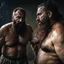 Placeholder: portrait photography of two burly bearded wet sweaty chubby gipsy prisoners fighting very close, 45 years old in dirty ripped broken shorts, long beard, fight in a dark prison, eye-to-eye, dirty, ugly, bullneck, muscular, manly chest, shirtless, misery and poverty, angry eyes, photorealistic, cinematic, ultradetailed, 32k, view from the ground