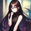 Placeholder: Clear focus,High resolution, black long hair, Vibrant red eyes, Emo style, Black skirt, wearing a black shirt sleeveless, Wearing black and red cutsleeves, Hand near chin