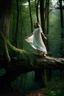 Placeholder: figure of a girl, dressed in a gauze nightgown, levitating on a trunk, in a very lush forest, cinematographic image