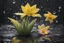 Placeholder: Create a high-definition image of a rainy landscape in which a frog is drenched under a flower in crystal style art frog is looking up at raindrops from colorful daffodil petals on a black background, sheltering from the rain.