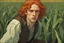 Placeholder: (he looks like Courtney Gains) malachai of the corn, a handsome young delicate beautiful softly freckled man in his 20s with green eyes and long, curly red hair, lost in the deep green cornfield, elegant, clear, painting, stylized, art, art by alphonse mucha, vincent van gogh, egon schiele