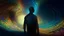 Placeholder: a medium quality digital illustration of a (silhouette) of a person standing ((before a fractal infinity)), abstract art, vibrant colors, fantasy, surreal, dreamlike, digital painting, backlit, mysterious, infinite depth, perspective, conceptual art, intricate patterns, intricate details, visual storytelling