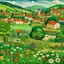 Placeholder: A green grassy town with flowers painted by Diego Rivera